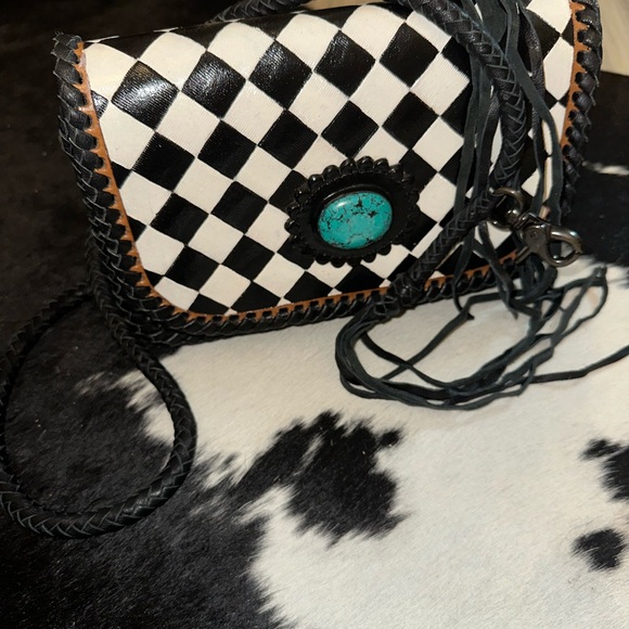 Elegant Black and White Checkered Clutch with Turquoise Detail